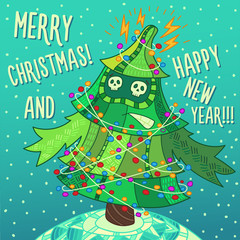 Christmas greeting card: Merry Christmas and New Year.