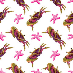 Obraz premium Seamless pattern with crabs and starfish