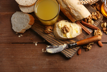 Healthy breakfast with bread, honey, nuts. Country breakfast concept