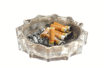 Dirty ashtray/Dirty ashtray with cigarette on white background.