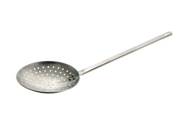 Colander/Old circular metal colander with perforated holes on white background.