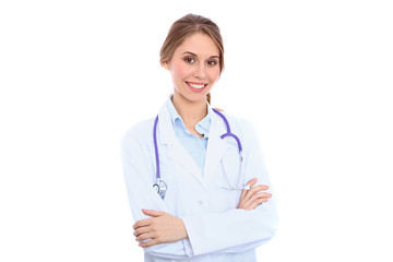 Friendly smiling young female doctor, isolated over white background