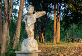 Fototapeta na wymiar Statue of cupid/Old and dirty statue of cupid standing in the garden.