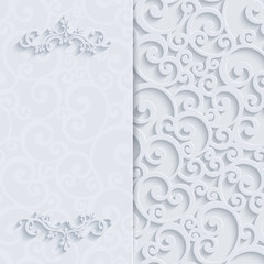 Vector White 3d Vintage Invitation Card with Swirl Damask Pattern