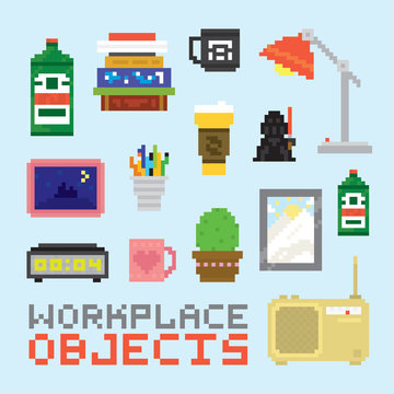 Pixel art isolated office tools vector set