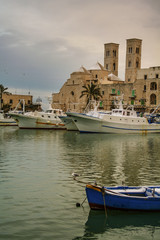 Fototapeta na wymiar SEASCAPE WINTER.Molfetta harbour: seagull over snow-covered boat..ITALY(Apulia).Old Cathedral of Molfetta in Romanesque style:church with three domes aligned with side half-barrels.