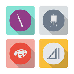 Buttons with shadow. Paint brush with palette vector icon. Easel vector icon. Ruler vector icon.