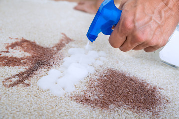 Man Cleaning Stain On Carpet