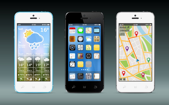 Smart phones with app icons, weather and GPS navigation widgets. Vector illustration.