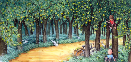 The Orchard of Childhood - High Definition Watercolor Suited to Printing.   © info@nextmars.com