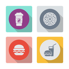 Buttons with shadow. Disposable coffee cup icon. Pizza vector icon. Burger with soft drink vector icon.