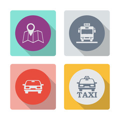 Buttons with shadow. Pin on the map vector icon. Bus vector icon. Car icon vector icon. Taxi car vector icon.