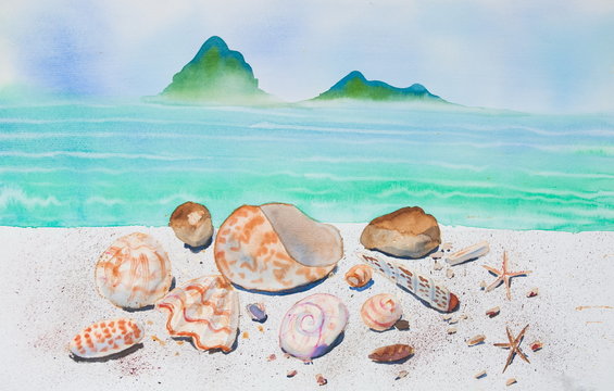 Many shells and blue sea, watercolor painting