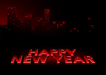 Happy New Year - Red Abstract Greeting Card with Skyline Illustration, Vector