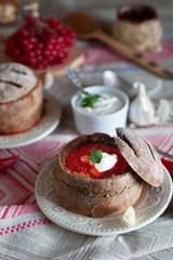 Traditional Ukrainian borscht in rye bread bowl