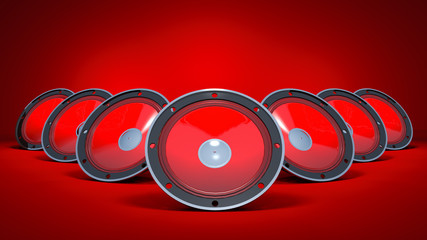 Three speakers are on a red background.
