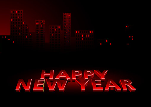Happy New Year - Red Abstract Greeting Card with Skyline Illustration, Vector
