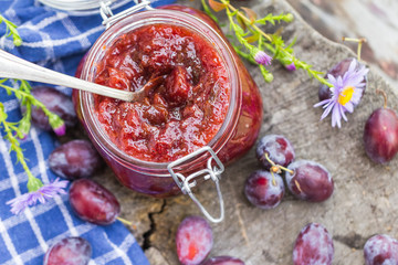 Late summer kitchen jar plum jam