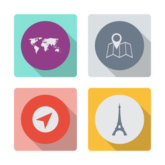 Buttons with shadow. World map vector icon. Pin on the map vector icon. Navigator vector icon. Eiffel tower in Paris vector icon.