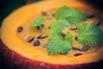Pumpkin soup served hollow fruit vintage