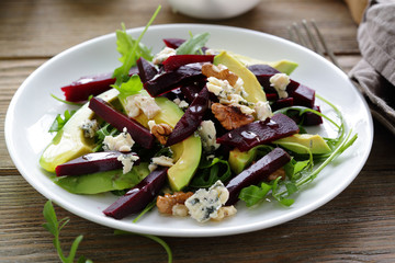 baked beetroot salad with blue cheese and avocado