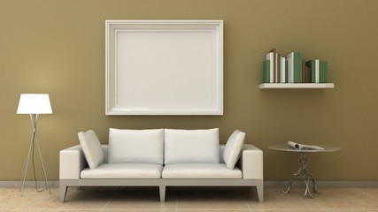 Empty picture frames in classic interior background on the decorative painted wall with wooden floor. Copy space image. 3d render