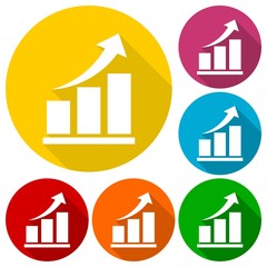 Vector growing graph arrow icons set with long shadow