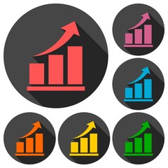 Vector growing graph arrow icons set with long shadow