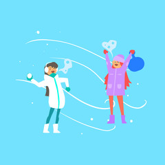 Cheerful Girls Playing Snowballs. Vector Illustration