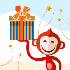 Monkey with a present, color picture. 