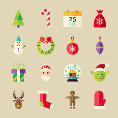Flat Winter Merry Christmas Objects Set