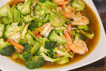 Thai healthy food stir-fried broccoli and shrimp