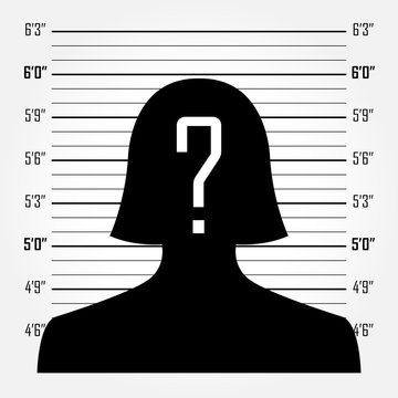 Woman silhouette with question mark in mugshot or police lineup background
