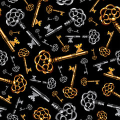 Gold and silver vintage keys on black background seamless pattern
