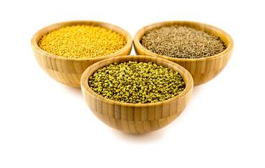 Three spices coriander, cumin, mustard with shallow depth of fie