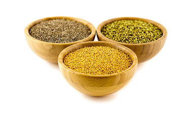 North Indian cooking spices in wood bowls isolated