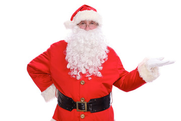 Kind Santa Claus pointing in white blank sign, isolated on white background