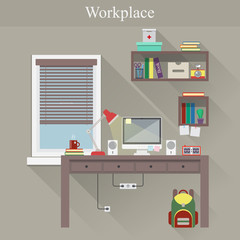 Vector illustration of home workplace. Modern home office room interior. Workplace with computer. The student workplace. Flat design with long shadows.