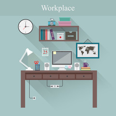 Vector illustration of home workplace. Modern home office room interior. Workplace with computer. The student workplace. Flat design with long shadows.