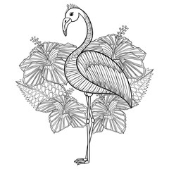 Obraz premium Coloring page with Flamingo in hibiskus, zentangle illustartion