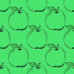 Hand Drawn Outline Stroke Apple Pattern on Green Background