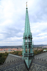 The spire of tower of St. Vitus Cathedral , Prague, Czech Republ