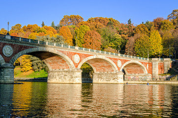 Turin (Torino) Bridge Isabella and River Po in Autumn colors