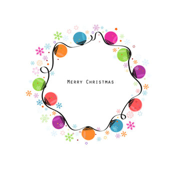 Circle christmas light bulbs vector and snowflakes greeting card