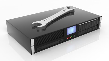 Server rack with wrench tool, isolated on white background