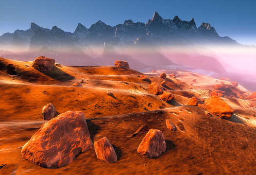 Mars - dry dunes, rocks of the red martian landscape