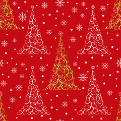Seamless pattern with stylized Christmas tree and snowflakes.