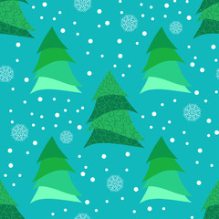 Seamless pattern with stylized Christmas tree and snowflakes.