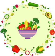 a plate with  vegetables in flat style