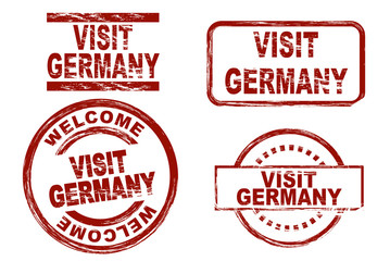 Set of stylized ink stamps showing the term visit germany. All on white background.